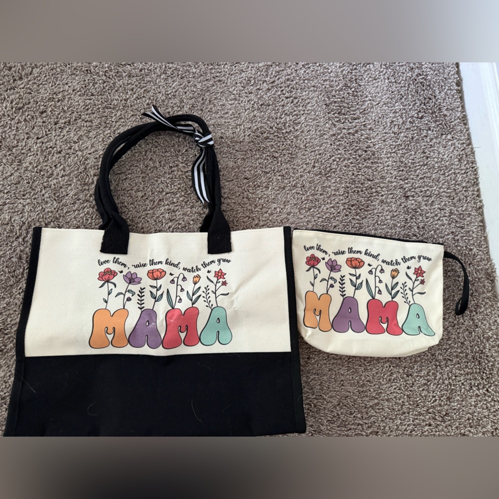 Mama Floral Canvas Tote and Pouch Set - Black and Cream